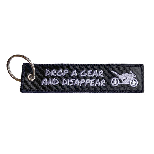 "Drop a Gear and Disappear" Carbon Fiber Style Keytag