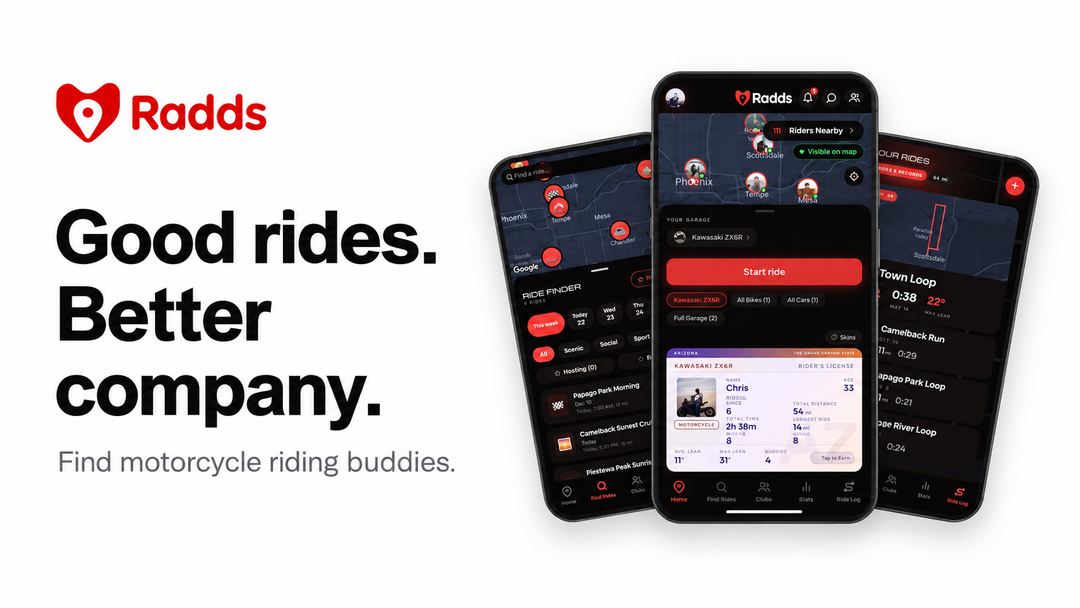 Radds motorcycle app: Good rides. Better company. Three phones showing nearby riders, group rides and ride logging.