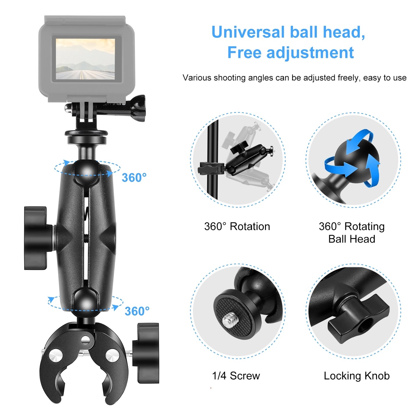 Universal Crab Claw Clamp Mount for GoPro, Insta360, and DJI Action Cameras