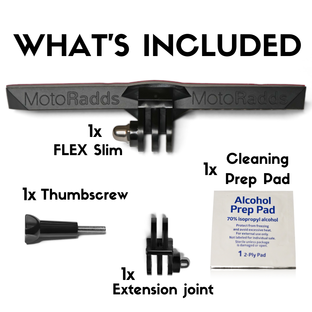 What's included with your FLEX Slim flexible chin mount. 1 chin mount, 1 cleaning prep pad, 1 thumbscrew, 1 extension joint