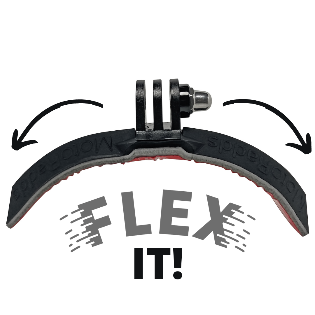FLEX Mount being flexed to show how universally shaped it can be with words "FLEX IT!" underneath