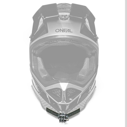 MotoRadds Flexible Helmet Chin Mount on an MTB helmet facing forward with the helmet greyscaled out
